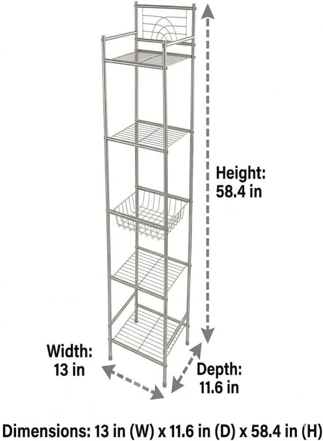 Bath Bliss 5 Tier Storage Shelf | 13"x 11.6"x 58.5" | Freestanding | Bathroom Storage | Rust Resistant | Easy Assemble | Satin - Image 2