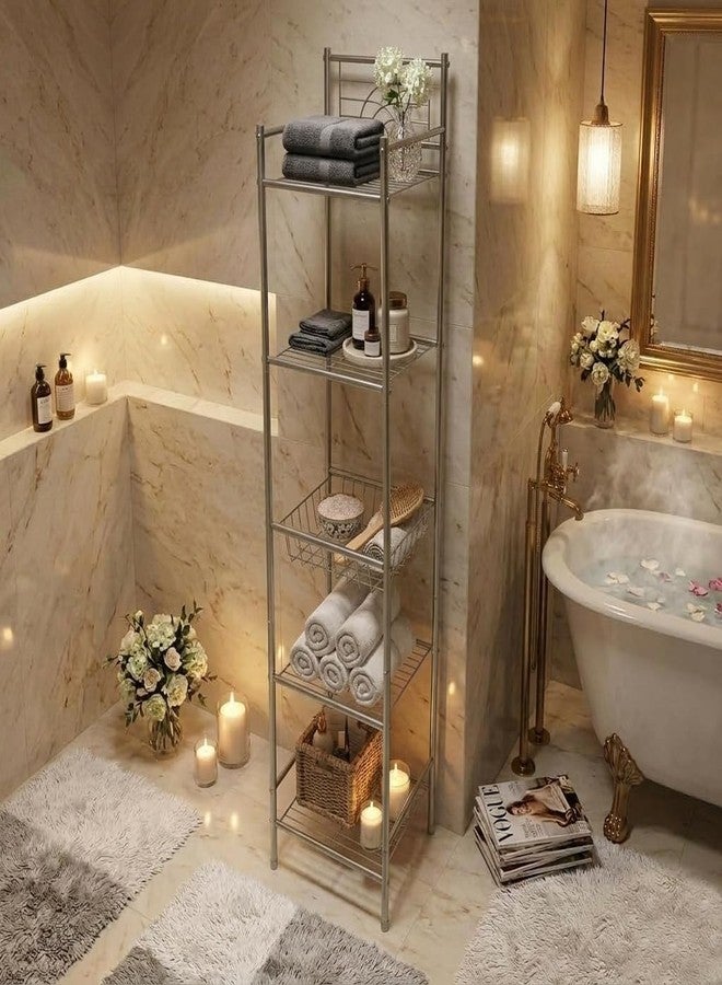 Bath Bliss 5 Tier Storage Shelf | 13"x 11.6"x 58.5" | Freestanding | Bathroom Storage | Rust Resistant | Easy Assemble | Satin - Image 3