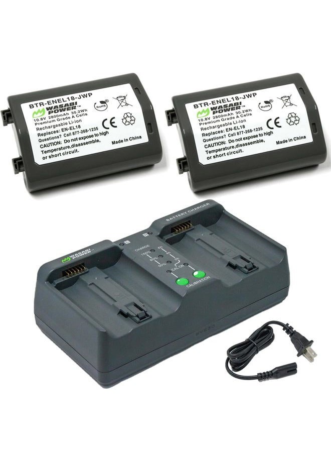 Wasabi Power Battery (2-Pack) and Dual Charger for Nikon EN-EL18, EN-EL18a, EN-EL18b, EN-EL18c and Nikon D4, D4S, D5, D6, D850 (with adapters/Grips) - Image 1