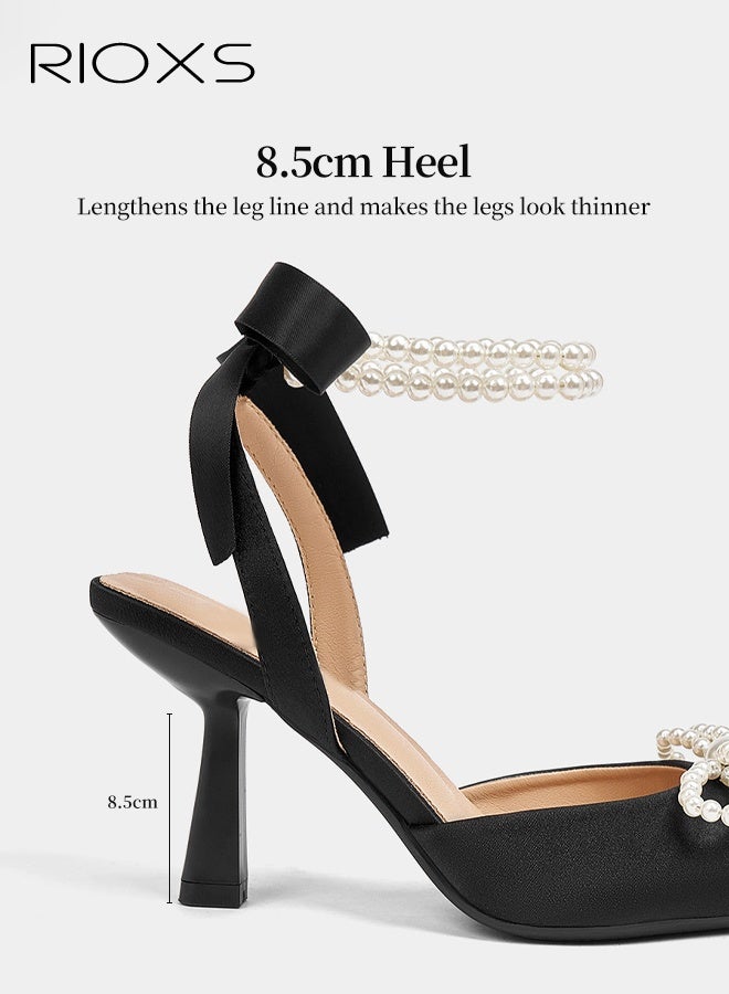 RIOXS Women's Slingback, Closed Pointed Toe Strappy High Heels, Pearls Bow High Heeled Shoes, Ladies Kitten Stiletto Pumps Sandals, Ankle Strap Satin Dress Pumps, Bridal Slingback Black Heels Pumps, Elegant Dress Pumps for Prom Wedding Party, 8.5cm Heels Slingback - Image 2