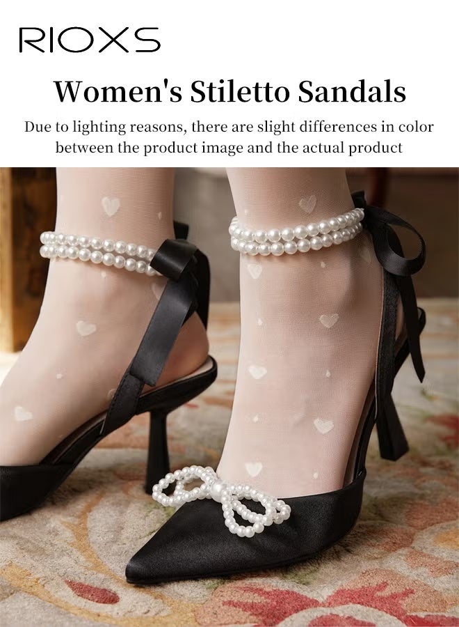 RIOXS Women's Slingback, Closed Pointed Toe Strappy High Heels, Pearls Bow High Heeled Shoes, Ladies Kitten Stiletto Pumps Sandals, Ankle Strap Satin Dress Pumps, Bridal Slingback Black Heels Pumps, Elegant Dress Pumps for Prom Wedding Party, 8.5cm Heels Slingback - Image 4
