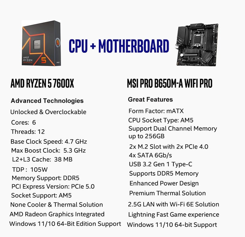 INLAND CPU AMD Ryzen 5 7600X CPU Processor with MSI PRO B650M-A WiFi ProSeries Motherboard (AM5, mATX, DDR5, M.2, USB 3.2 Gen 2, Wi-Fi 6E), Sold by Micro Center - Image 2