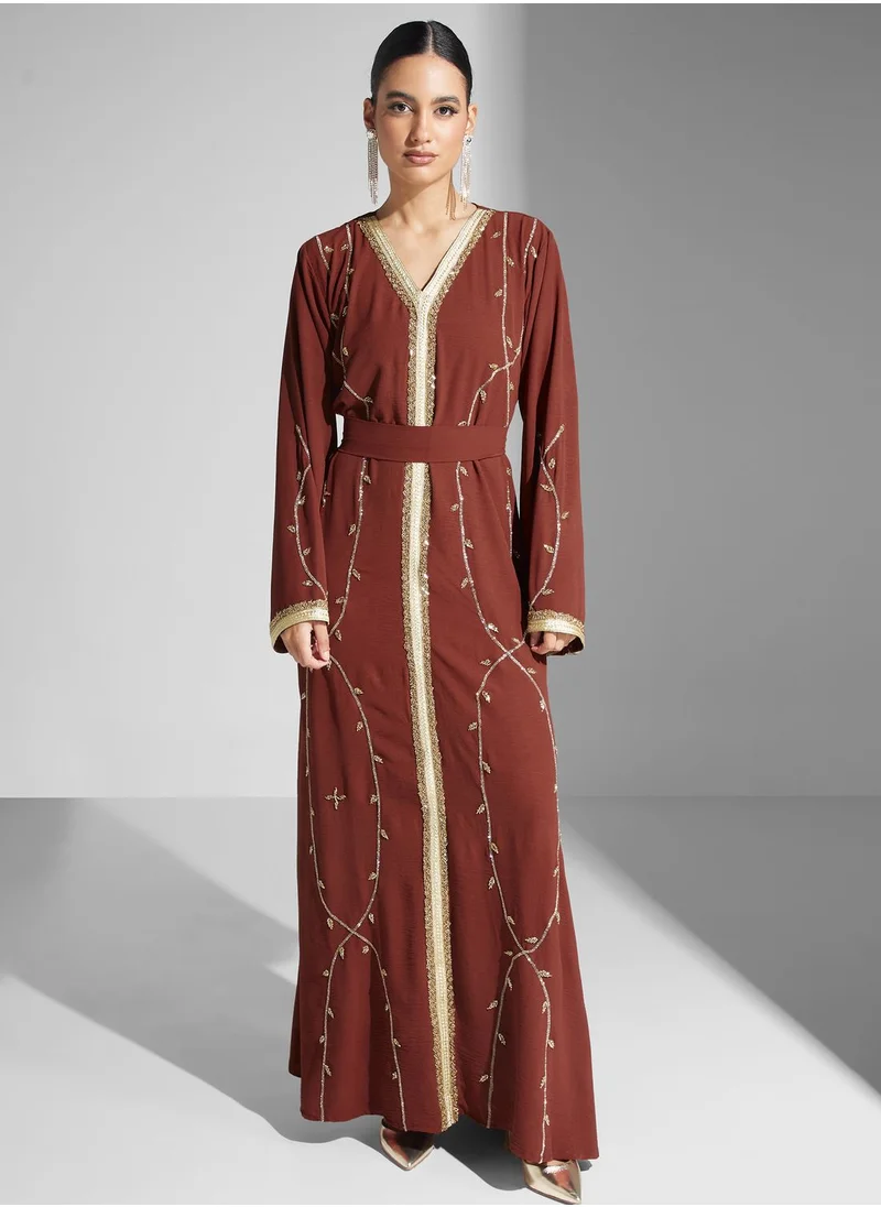 hayas closet Embroidered Lace Detail Belted Dress