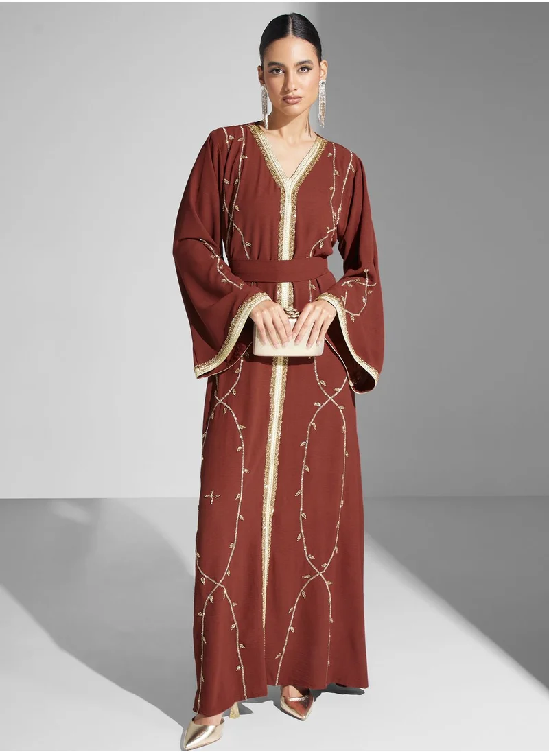 hayas closet Embroidered Lace Detail Belted Dress