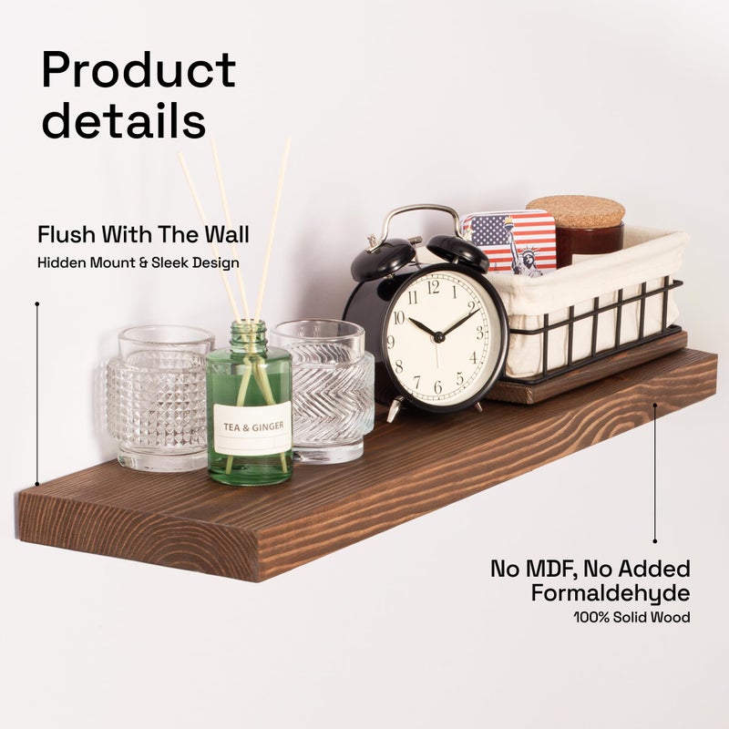 BAOBAB WORKSHOP Wood Floating Shelves Set of 2 - Rustic Shelf 24 inch - Floating Shelf for Wall Mounted - Wide Wooden Wall Shelves for Living Room Bedroom Kitchen Bathroom - Dark Walnut - 24W x 6.7D - Image 3
