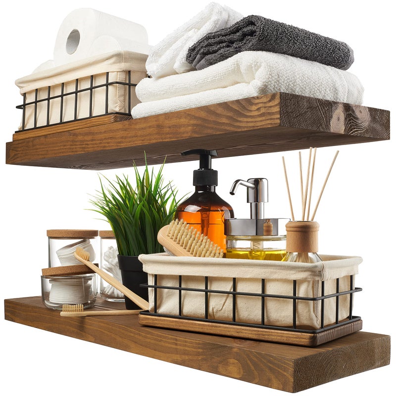 BAOBAB WORKSHOP Wood Floating Shelves Set of 2 - Rustic Shelf 24 inch - Floating Shelf for Wall Mounted - Wide Wooden Wall Shelves for Living Room Bedroom Kitchen Bathroom - Dark Walnut - 24W x 6.7D - Image 1