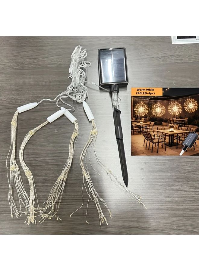 4 قطع 240 مصباح LED شمسي خارجي أضواء الألعاب النارية أبيض دافئ 8 أوضاع حديقة عيد الميلاد - Image 1