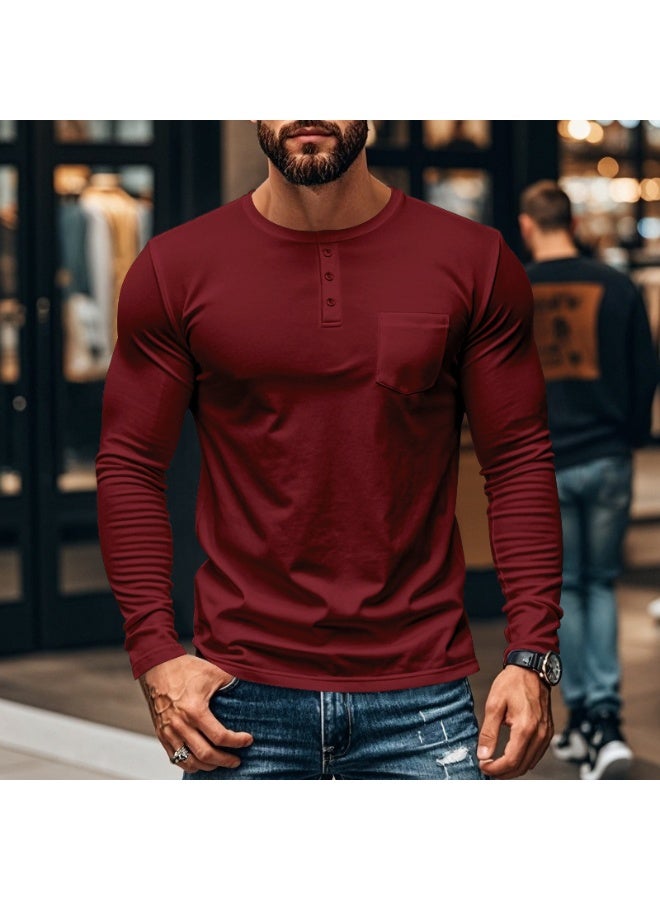 تي شيرت بأكمام طويلة للرجال بتصميم ياقة دائرية مع جيب صدر بلون موحد ملابس كاجوال للاستخدام اليومي والعمل والأنشطة الخارجية - Image 2