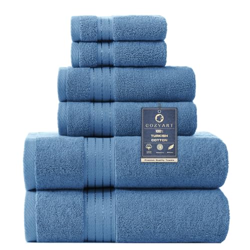 COZYART Denim Blue Bath Towel Set, Turkish Cotton Hotel Large Towel Bulk for Bathroom, Thick Bathroom Sets of 6 with 2 Bath Towels, 2 Hand Towels, 2 Washcloths, 650 GSM - Image 1