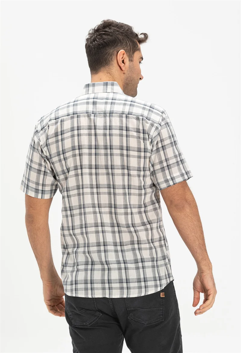 اليش شيل بيزي Short Sleeve Şile Cloth Single Pocket Men's Shirt Black Plaid 3062