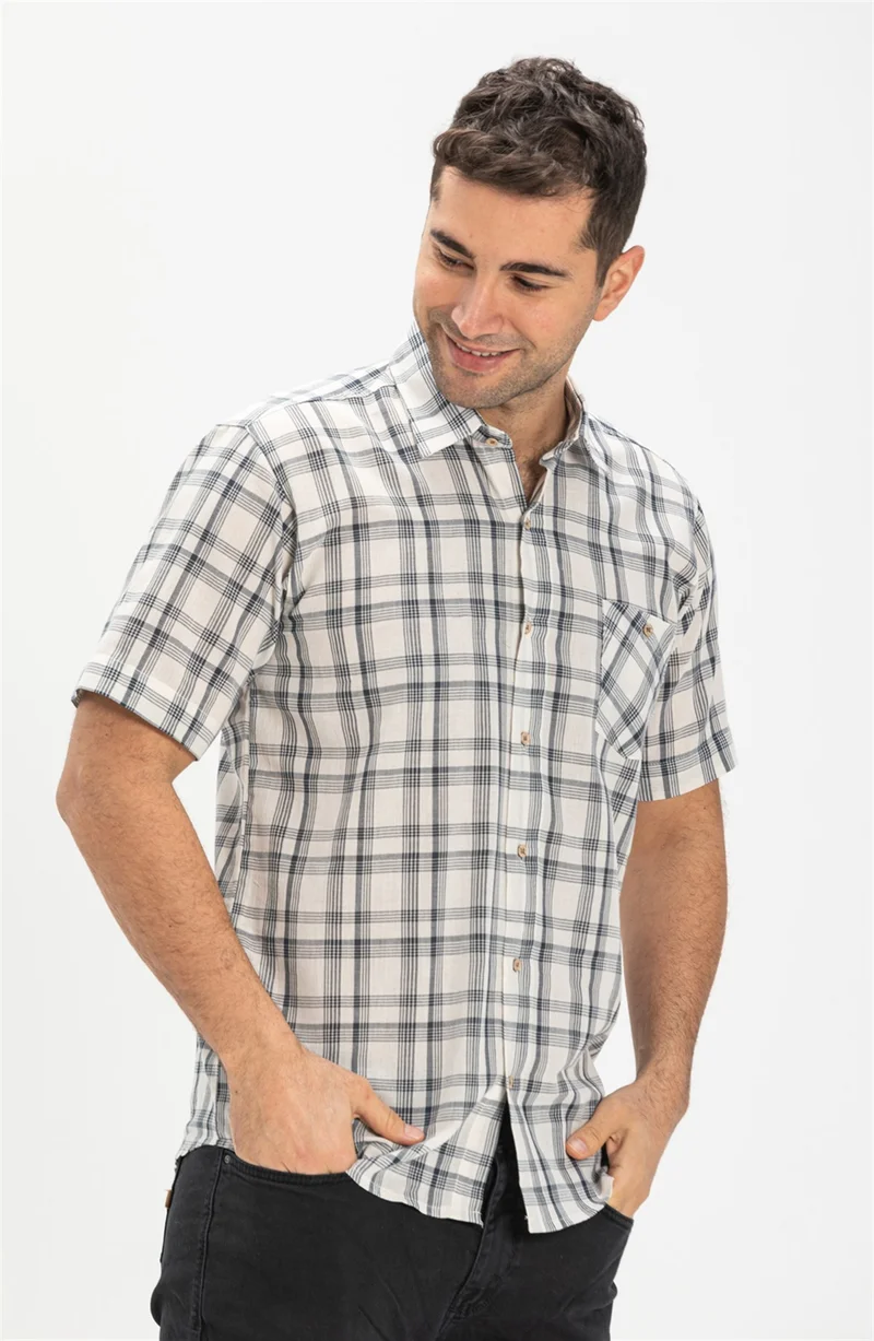 اليش شيل بيزي Short Sleeve Şile Cloth Single Pocket Men's Shirt Black Plaid 3062
