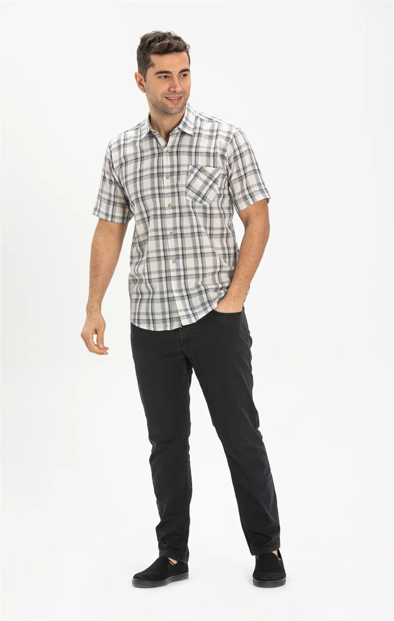 اليش شيل بيزي Short Sleeve Şile Cloth Single Pocket Men's Shirt Black Plaid 3062