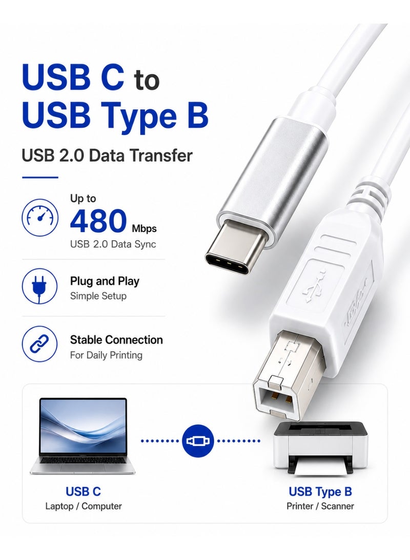TP-Bridge USB 2.0 USB C Printer Cable for USB Type B Printers and Scanners - White 1 Meter - Image 2