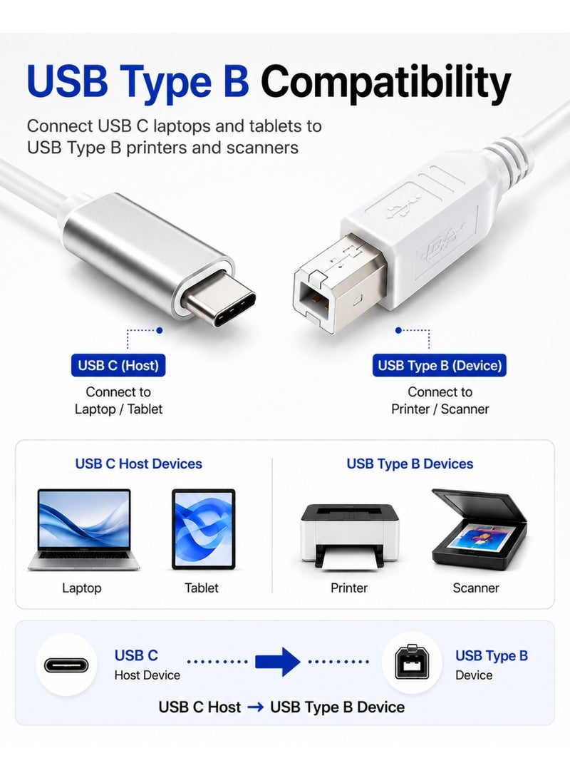 TP-Bridge USB 2.0 USB C Printer Cable for USB Type B Printers and Scanners - White 1 Meter - Image 3