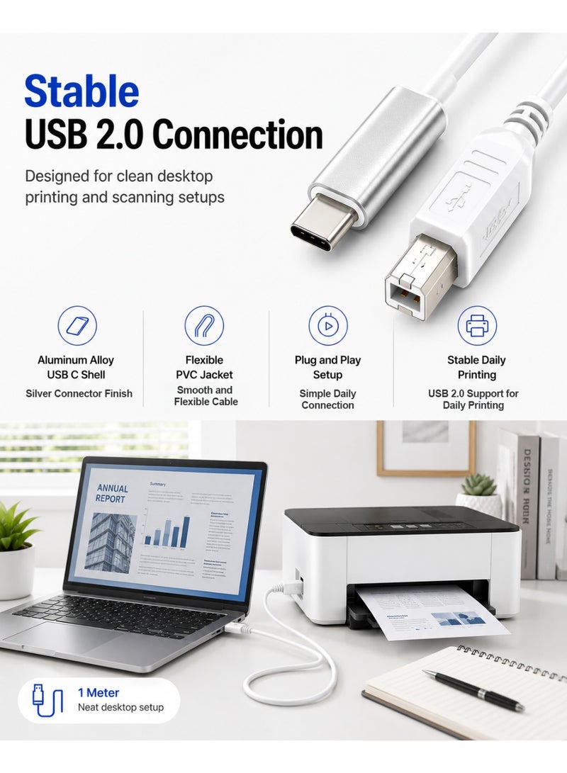 TP-Bridge USB 2.0 USB C Printer Cable for USB Type B Printers and Scanners - White 1 Meter - Image 4