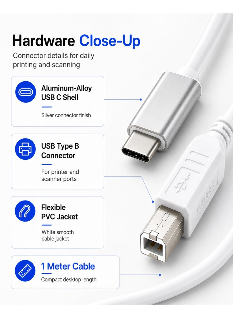 TP-Bridge USB 2.0 USB C Printer Cable for USB Type B Printers and Scanners - White 1 Meter - Image 5