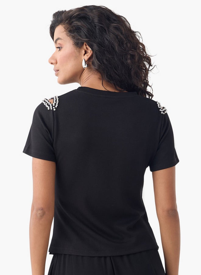 2Xtremz Embellished Crew Neck T-shirt with Pleated Detail - Image 3