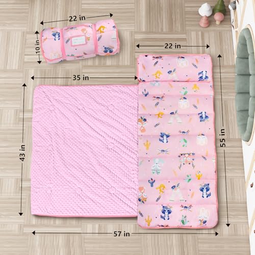 Primlect Thickened Toddler Nap Mat with Removable Pillow and Minky Blanket, Extra Large 55''x35'' Sleeping Bag, Washable, Roll up, Perfect for Daycare, Preschool, Kindergarten, Boys and Girls Pink Fox - Image 2