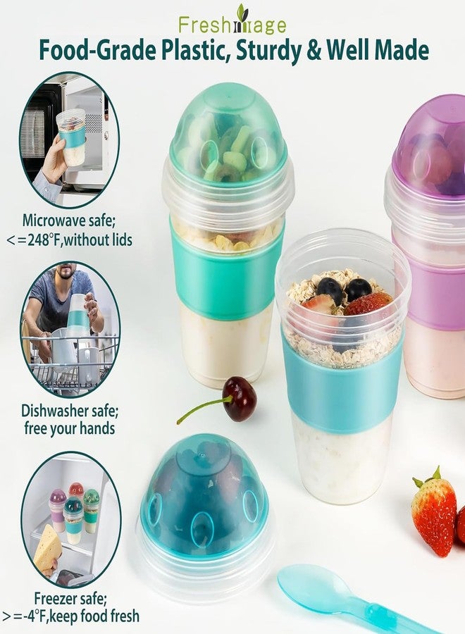 Freshmage® Yogurt Parfait Cups with Lids, 2 Pack 20oz Reusable Overnight Oats Containers with Lids, Topping Compartment & Spoon To Go for Breakfast Meal Prep, Portable & Lightweight (Blue&Green) - Image 2