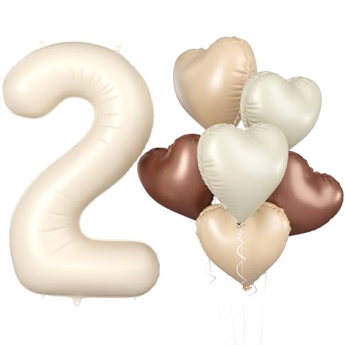 Biapian 40 Inch Cream Number 2 Balloons Large 2nd Birthday Balloons with 18 Foil Heart Balloon for Boys Girls Baby Shower Party Decor - Image 1