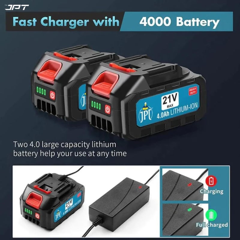 JPT مجموعة مفك صدمات لاسلكي 21 فولت وحشية | محرك قوي بدون فرش | عزم دوران 450ن.م | سرعة 2800د.د | سائق مربع 1/2" | بطارية ليثيوم أيون 4.0Ah | مجموعة 10 قطع من مفاتيح الصدمات - Image 4