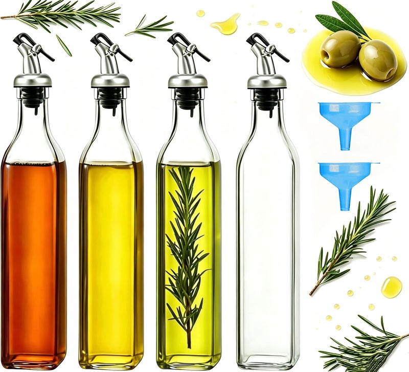 Maykela 4Pcs Oil Bottle Glass Olive Oil Dispenser Bottles with Pour Spout,Leak-Proof Oil and Vinegar Cruet Set,Kitchen Oil Dispenser for Cooking,Salad Dressing & Liquid Condiments with 2 Funnel - Image 1