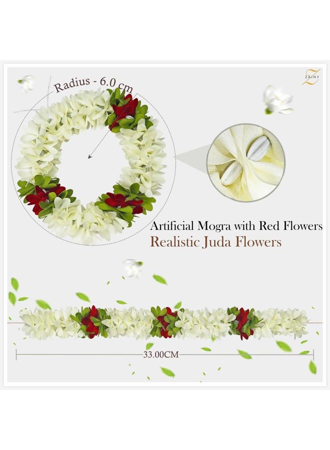 ZAINY 6 Pack Red White Mogra Gajra for Hair, Artificial Jasmine Flower for Women, Reusable Artificial Cloth Hair and Hand Accessories, Festivals, Poojas, Weddings, Decor, Versatile Floral Hair Garland - Image 3