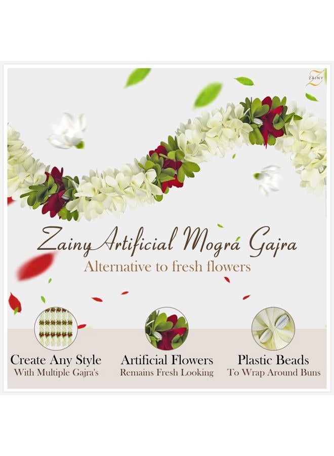 ZAINY 6 Pack Red White Mogra Gajra for Hair, Artificial Jasmine Flower for Women, Reusable Artificial Cloth Hair and Hand Accessories, Festivals, Poojas, Weddings, Decor, Versatile Floral Hair Garland - Image 2