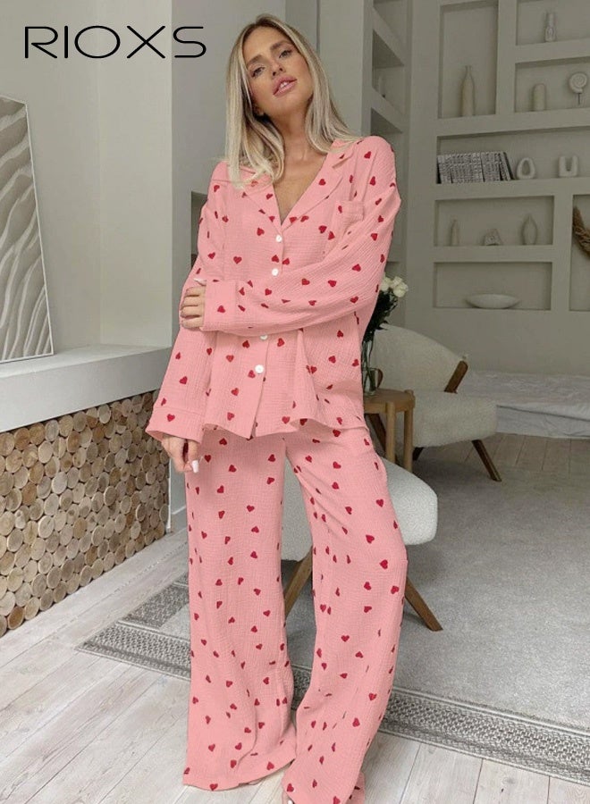 ريوكس مجموعة بيجامات نسائي، قميص أحمر منقوش بأكمام طويلة وأزرار وبنطال بخصر مطاطي، مجموعة ملابس نوم مريح ناعم مع جيوب، مناسب للسفر المنزلي أو الفندقي أو السكن الجامعي. - Image 1