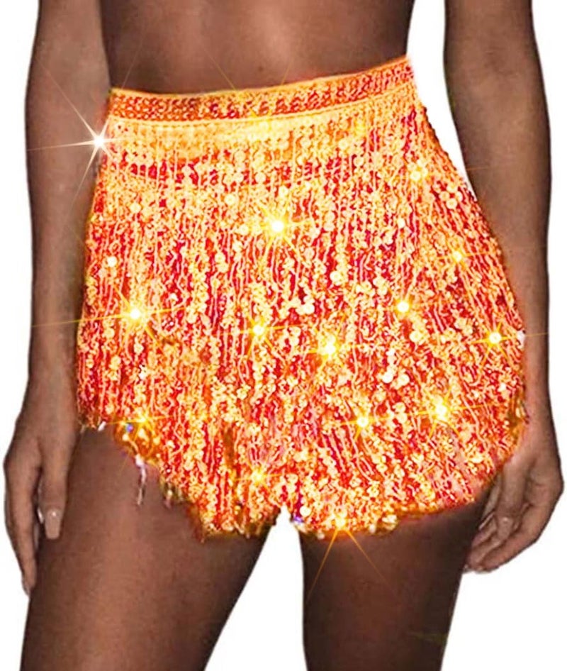 REETAN Fringe Sequin Skirt Belly Dance Sparkly Rave Skirts for Women - Image 1
