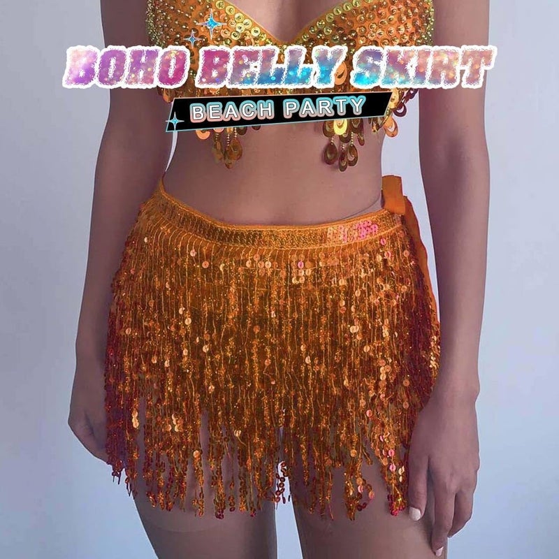 REETAN Fringe Sequin Skirt Belly Dance Sparkly Rave Skirts for Women - Image 5