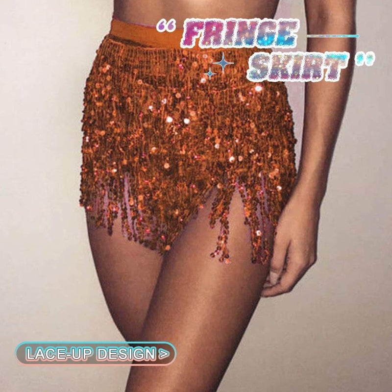 REETAN Fringe Sequin Skirt Belly Dance Sparkly Rave Skirts for Women - Image 3