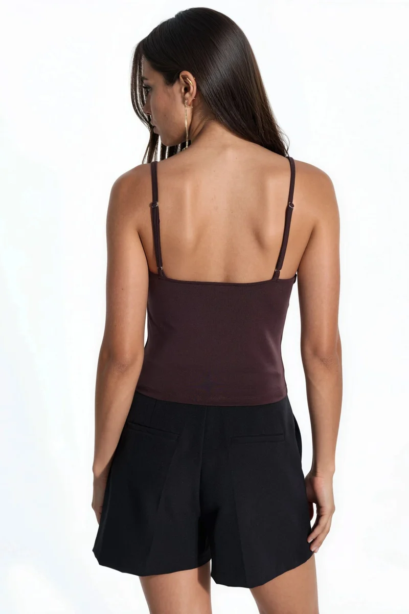 Hiccup Chestnut Brown Lace Detailed Heart Neck Top for Women | Best Price UAE