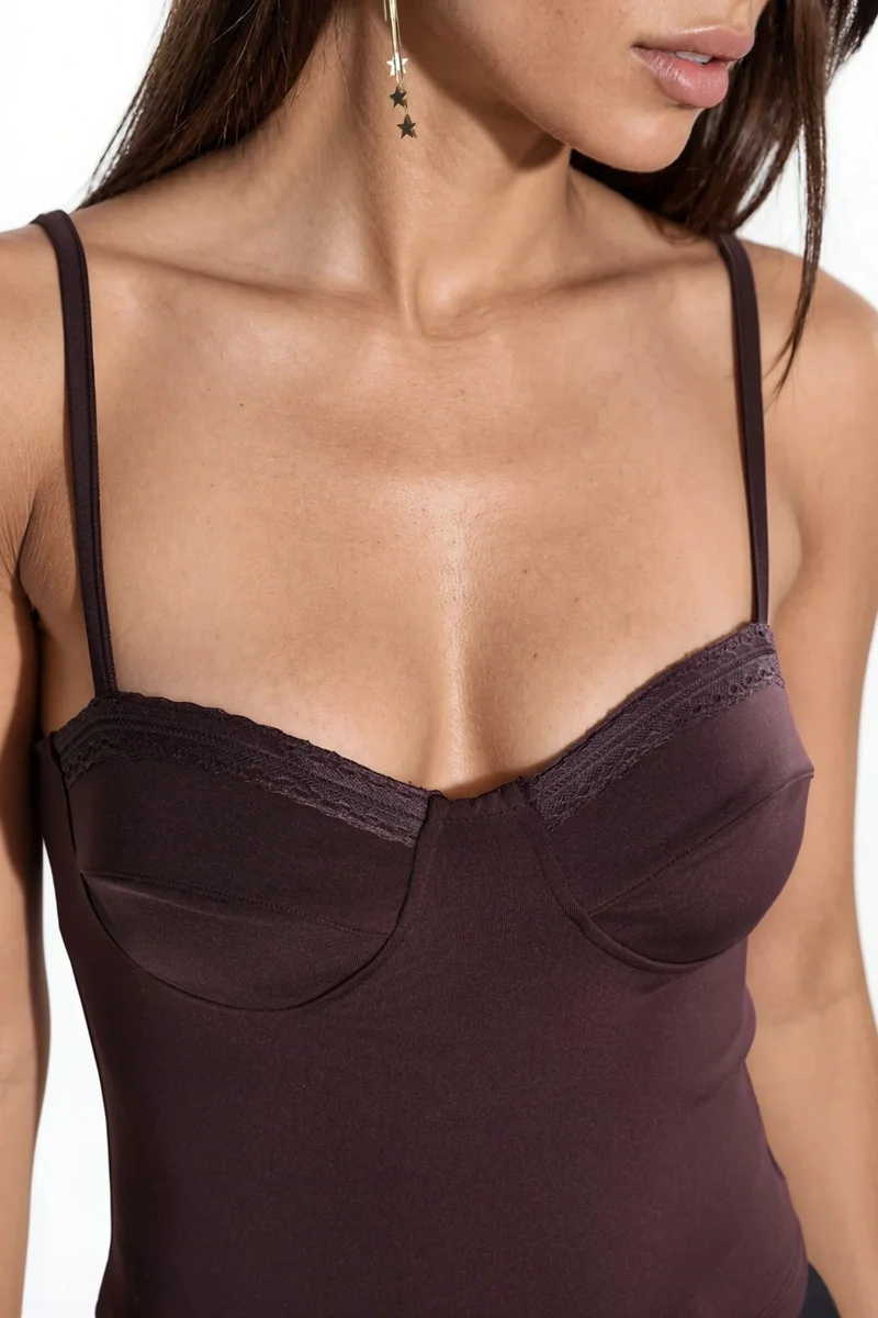 Hiccup Chestnut Brown Lace Detailed Heart Neck Top for Women | Best Price UAE