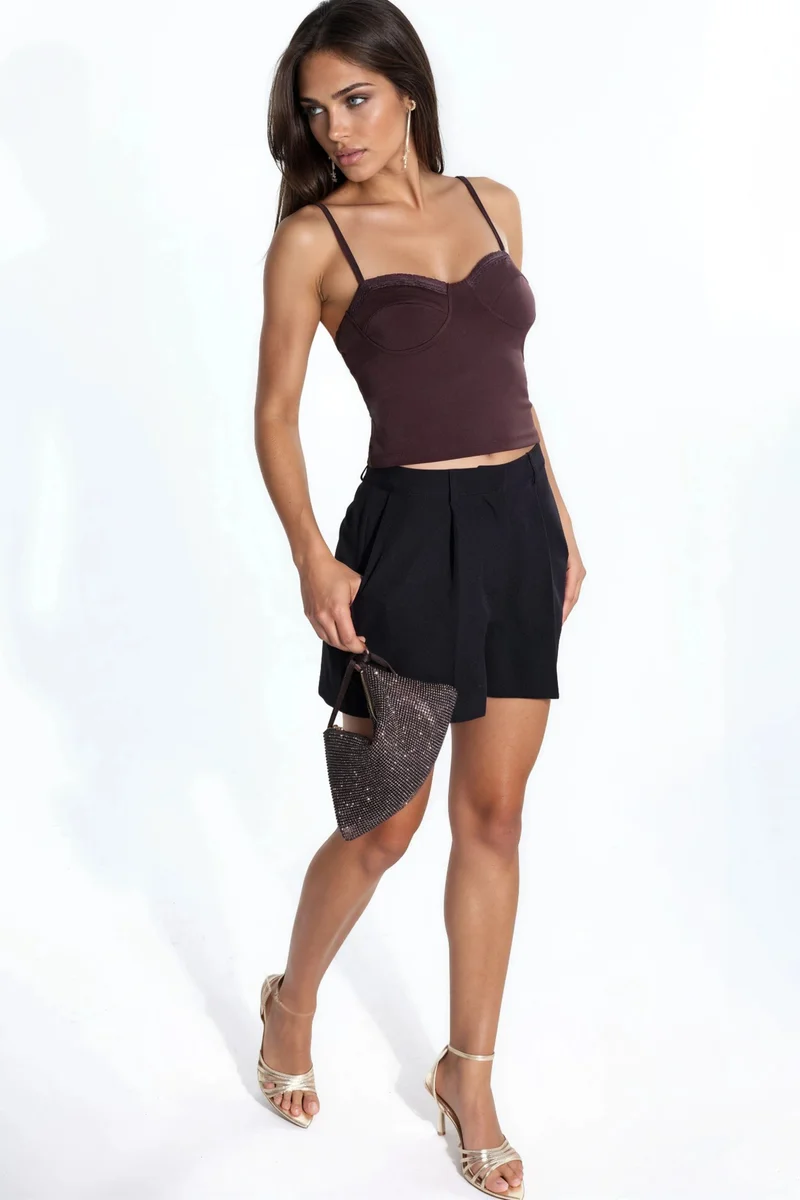 Hiccup Chestnut Brown Lace Detailed Heart Neck Top for Women | Best Price UAE