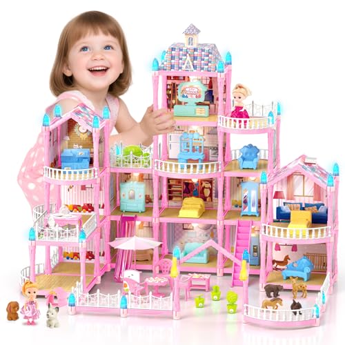 Randhar Doll House for Girls Dream Dollhouse 4Story 15 Rooms with 2 Dolls Lights Animals Furniture and Accessories PretendPlay Toddler Playhouse Gift for 3 4 5 6 7 8 9 10 Year Old Girls Toys - Image 1