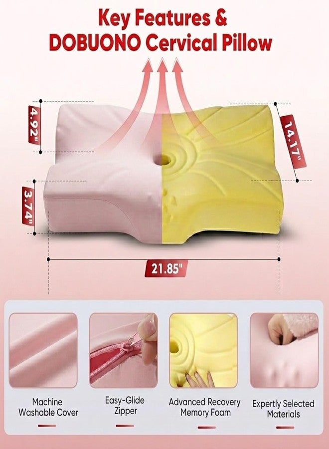 DOBUONO Cervical Neck Pillow - Side Sleeper Pillow for Neck Pain Relief, Odorless Memory Foam Pillow with Cooling Cover & Dual Height, Ergonomic Contour for Neck & Shoulder Support, Pink - Image 2