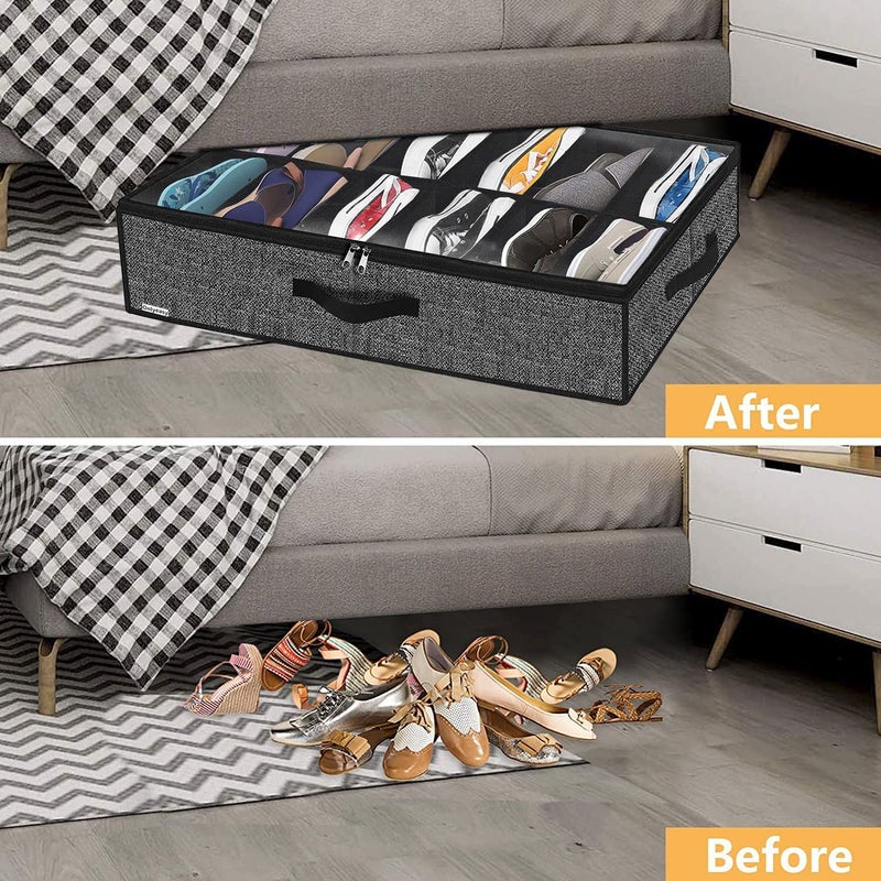 Onlyeasy Sturdy Under Bed Shoe Storage Organizer, Set of 2, Fit 12 to 24 Pairs, Underbed Shoes Closet Storage Solution with Clear Window, Breathable, L29.3 x W23.6 x H5.9, Linen-like Black, MXAUBSB2P - Image 3