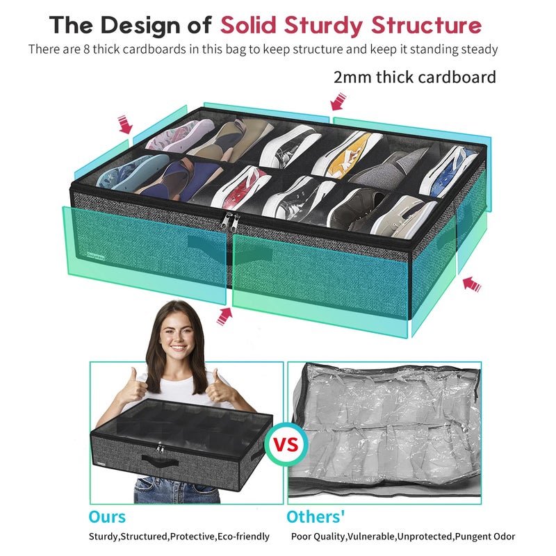 Onlyeasy Sturdy Under Bed Shoe Storage Organizer, Set of 2, Fit 12 to 24 Pairs, Underbed Shoes Closet Storage Solution with Clear Window, Breathable, L29.3 x W23.6 x H5.9, Linen-like Black, MXAUBSB2P - Image 4