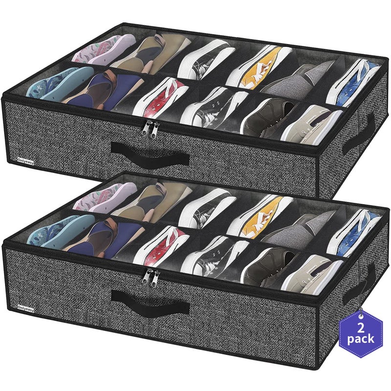 Onlyeasy Sturdy Under Bed Shoe Storage Organizer, Set of 2, Fit 12 to 24 Pairs, Underbed Shoes Closet Storage Solution with Clear Window, Breathable, L29.3 x W23.6 x H5.9, Linen-like Black, MXAUBSB2P - Image 1