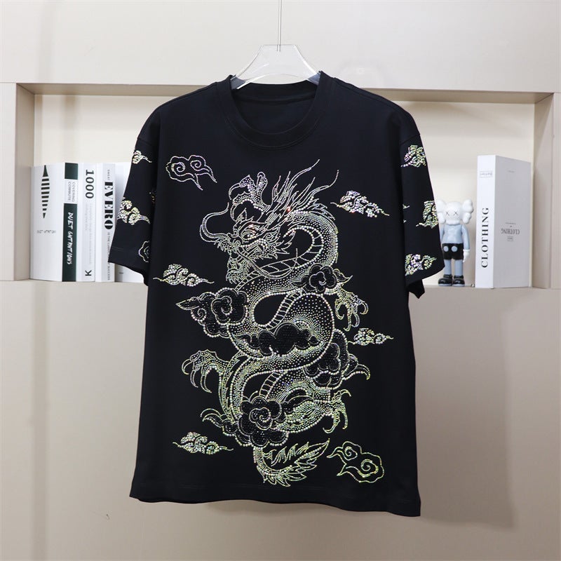 Plus Size Dragon Year New Heavy Industry Drilling Pu Shuai Personality National Fashion Longteng Wide Short Sleeve T-Shirt Fat Half Sleeve - Image 1