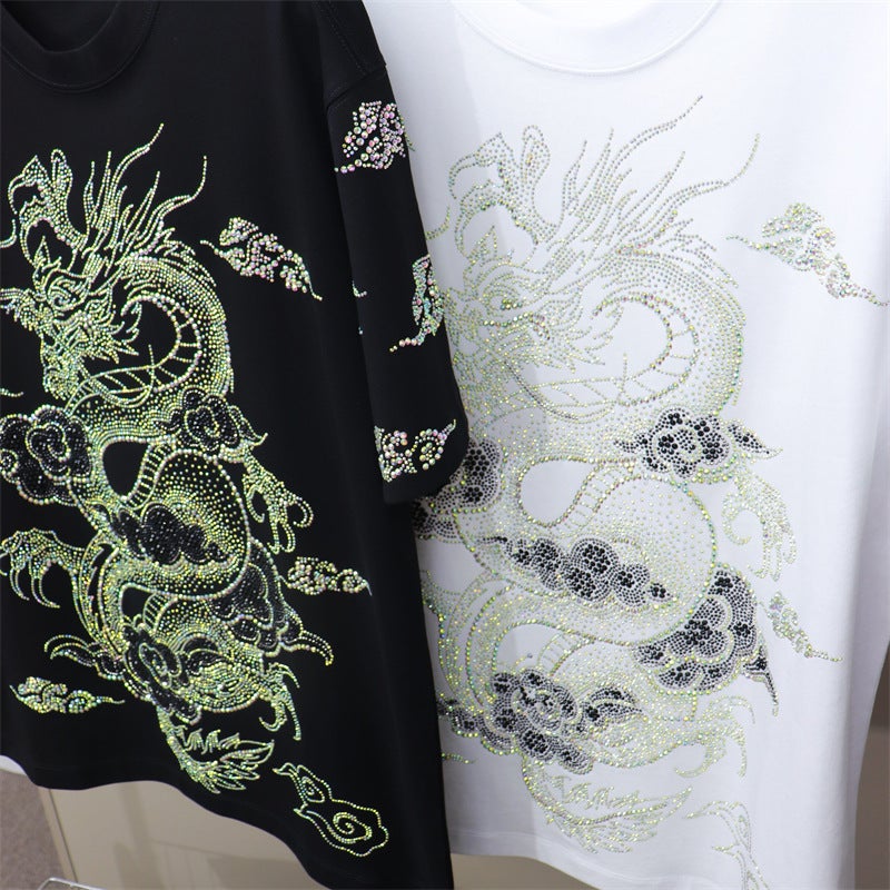 Plus Size Dragon Year New Heavy Industry Drilling Pu Shuai Personality National Fashion Longteng Wide Short Sleeve T-Shirt Fat Half Sleeve - Image 3