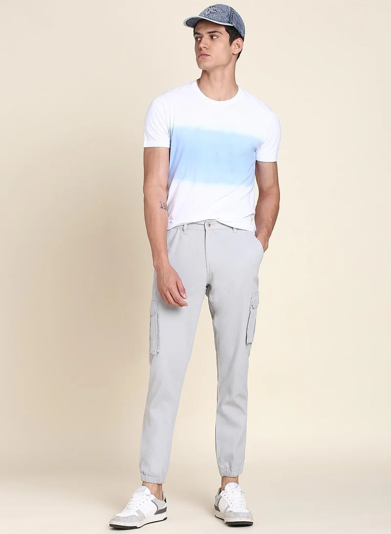 Dennis Lingo Men's Light Grey 100% Cotton Solid Pattern Full Length Slim Fit Trouser