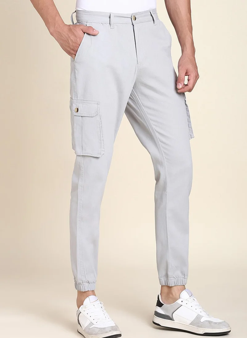 Dennis Lingo Men's Light Grey 100% Cotton Solid Pattern Full Length Slim Fit Trouser
