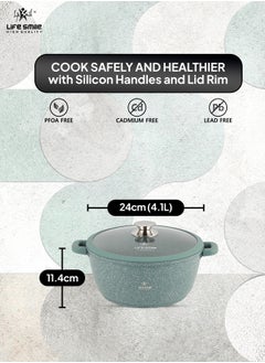 24cm (4.1 Liter) LIFE SMILE Cooking Pot - Multi Layer Non Stick Granite Coating 100% PFOA Free - Glass Lid With Silicone Rim - Detachable Silicone Handles - oven safe (Green) - pzsku/ZBBBF454A38D4A0E48FF9Z/45/_/1729168822/9aa566de-02b3-4fe6-9741-bcbf337c284f