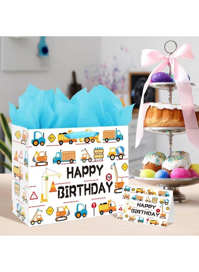 CUNUUDOOL 33cm Gift Bag Large With Cartoon Car Designs,Baby Boy Girl Bag For Baby Shower With Handles And Tissue Paper, Cards For Baby Party Favors Wrap, Kids Parties,(Construction Vehicle,33*12*26cm) - Image 1