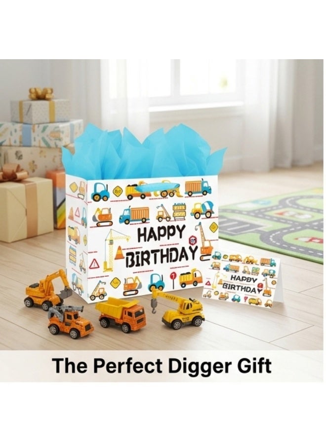CUNUUDOOL 33cm Gift Bag Large With Cartoon Car Designs,Baby Boy Girl Bag For Baby Shower With Handles And Tissue Paper, Cards For Baby Party Favors Wrap, Kids Parties,(Construction Vehicle,33*12*26cm) - Image 4