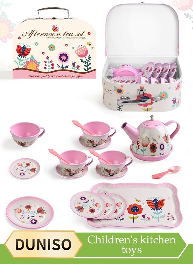 DUNISO طقم شاي للفتيات الصغيرات، طقم شاي بعد الظهر للأطفال، طقم حفلة شاي للأطفال، مع إبريق الشاي والأدوات وحقيبة حمل، مناسب للأطفال من عمر 4 إلى 6 سنوات - Image 1