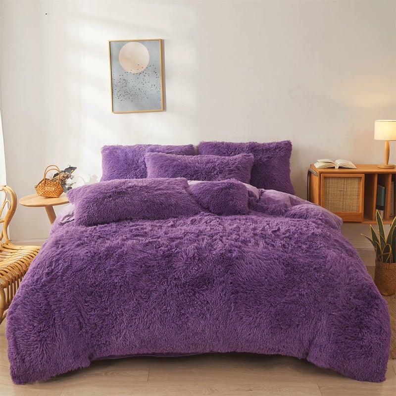 FOPPA Dark Purple Faux Fur Comforter Cover Set Ultra Soft Plush Bedding Sets 1 Duvet Cover  2 Pillow Cases Zipper Closure Queen Dark Purple