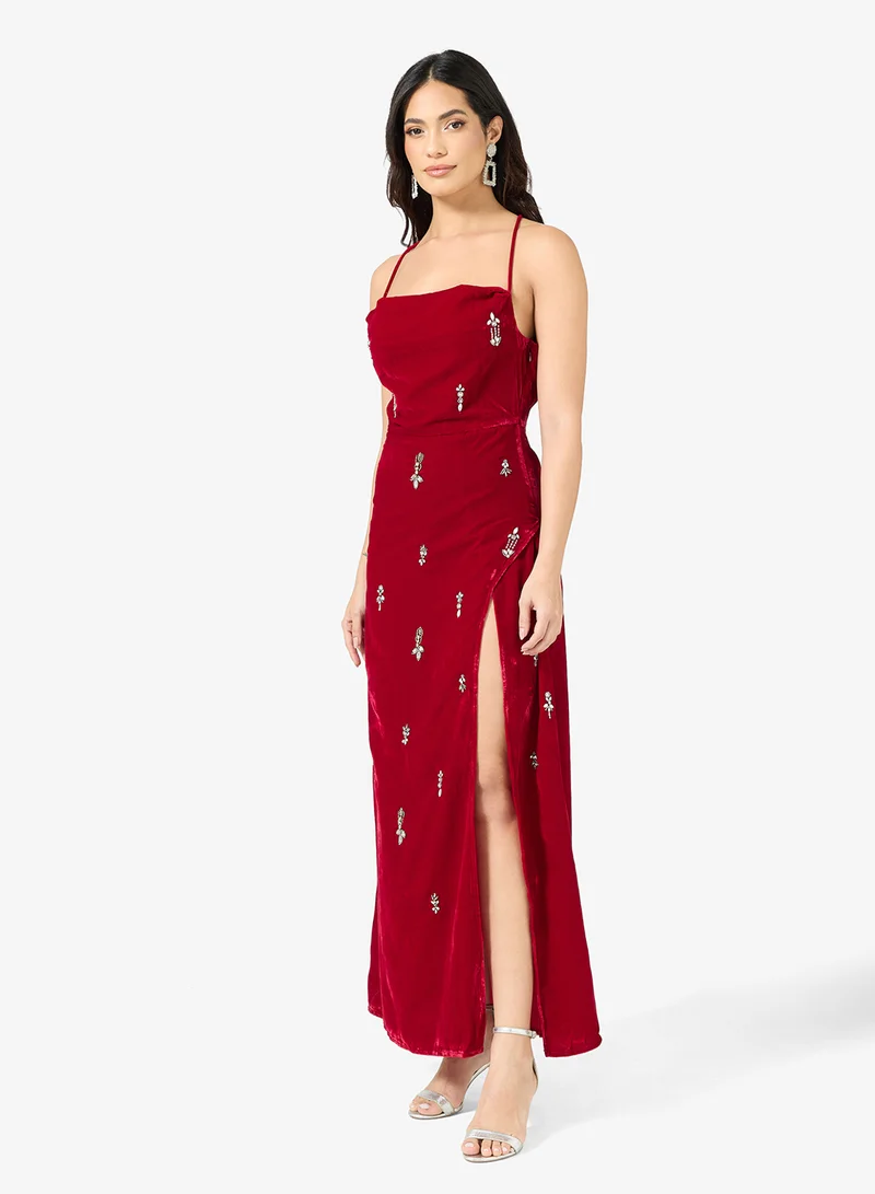 Cowl Neck Velvet   Embelishment  Maxi Dress